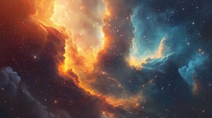Fototapeta premium Explores captivating elegance of a nebula, showcasing its celestial clouds, star nurseries, and artistic brilliance that characterizes these cosmic realms. Celestial Brilliance. Illustration