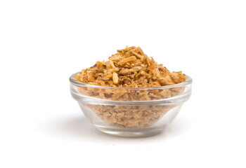 bowl with fried onions on white background