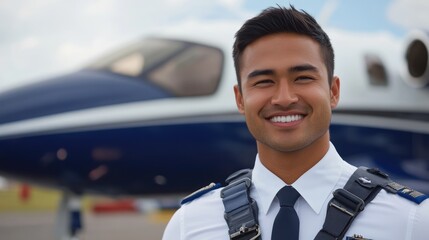 Smiling pilot in uniform stands confidently in front of a private jet at an airport, showcasing aviation pride
