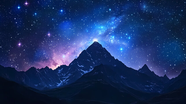Majestic mountain silhouette piercing starry indigo sky, revealing celestial panorama of luminous cosmic brilliance. Celestial Brilliance. Illustration