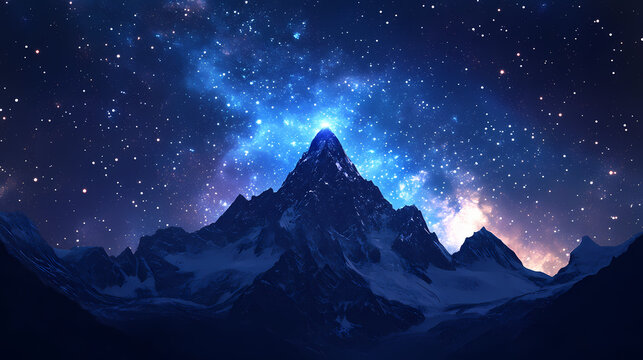 Majestic mountain silhouette piercing starry indigo sky, revealing celestial panorama of luminous cosmic brilliance. Celestial Brilliance. Illustration