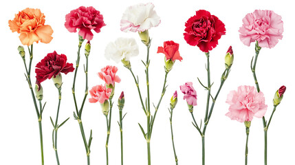 Obraz premium Colorful Carnation Flowers With Green Stems On Transparent Background, PNG