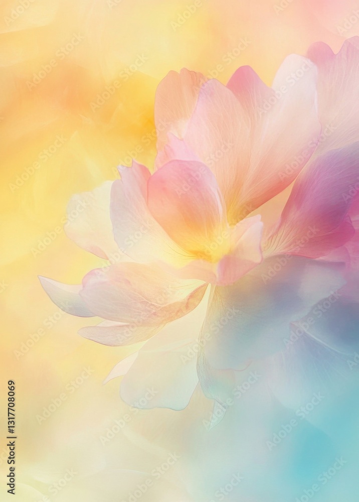 Poster blurry pastel-colored background with an iridescent gradient transitioning from yellow to blue and p