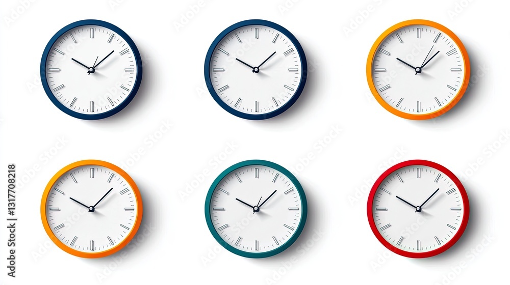 Poster six analog clocks in different colors showing various times, isolated on white background.