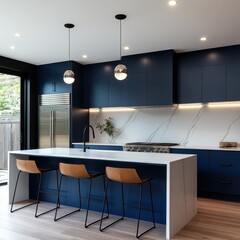 A modern kitchen featuring a blue cabinetry island and stools
