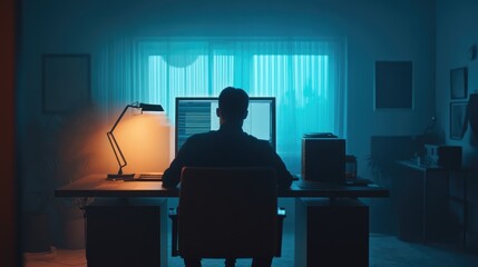 A silhouette of a person working late at a desk with a computer, illuminated by warm and cool light in a dim room