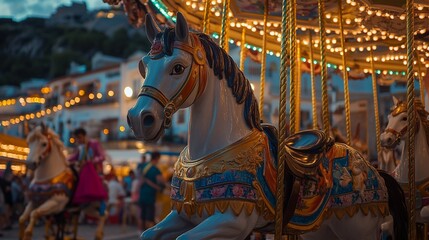 Illuminated carousel horse, night fair, town backdrop.  Family fun