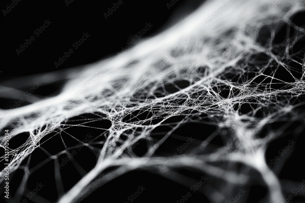 Poster white threads of spider web on right angle corner close up view isolated on black