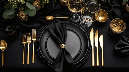 a table setting is a black table setting, decorated with gold cutlery and glassware, is a luxurious and elegant design