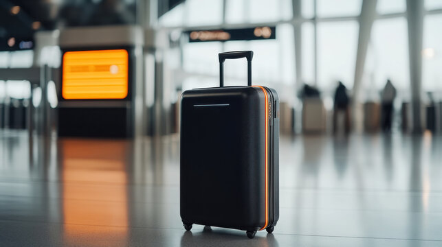 Futuristic luggage with holographic assistant in modern airport terminal