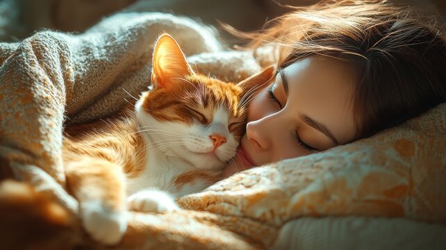 National pet day with cat love idea. Cozy moment between a woman and her cat while sleeping.