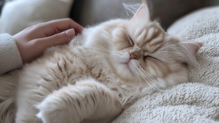 National pet day with cat love idea. Sleeping cat being petted on a cozy blanket.