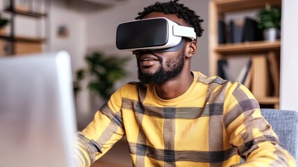a man using vr glasses. He's interacting with the virtual world, looks immersed and intrigued.