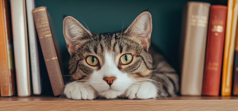 National pet day with cat love idea. Cat resting on a bookshelf surrounded by books.