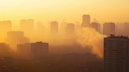 Urban skyline enveloped in morning fog with silhouettes of buildings against a golden sunrise in a bustling city
