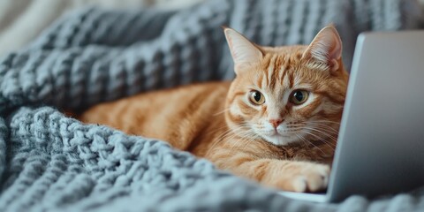 National pet day with cat love idea. Cozy orange cat relaxing with a laptop on a blanket.
