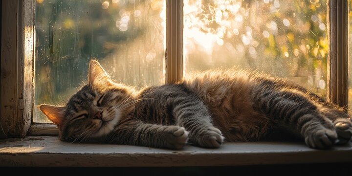 National pet day with cat love idea. Sleeping cat basking in sunlight by a window.