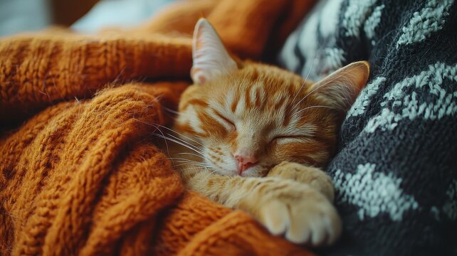 National pet day with cat love idea. Cozy orange cat sleeping in warm knitted blanket.