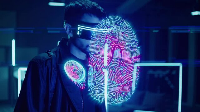 Futuristic identification process involves a man wearing a visor with biometric fingerprint scanning technology in a dark room illuminated by neon lights