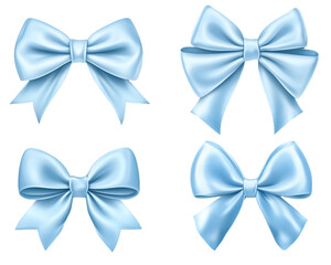 Four Light Blue Satin Ribbons Tied in Bows on Transparent Background, PNG