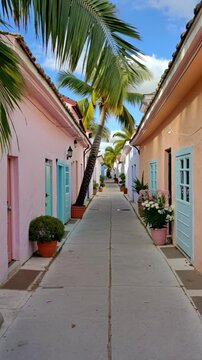 Charmante ruelle tropicale avec maisons color&eacute;es et palmiers
