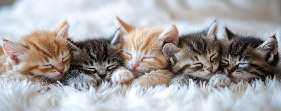 National pet day with cat love idea. Five adorable kittens sleeping together on a soft blanket.