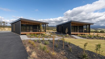 Two modern cabins sit nestled amongst nature under a bright cloudy sky
