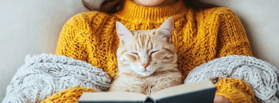National pet day with cat love idea. Cozy scene of a person reading with a cat in their lap.