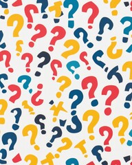 A colorful pattern of question marks on a white background