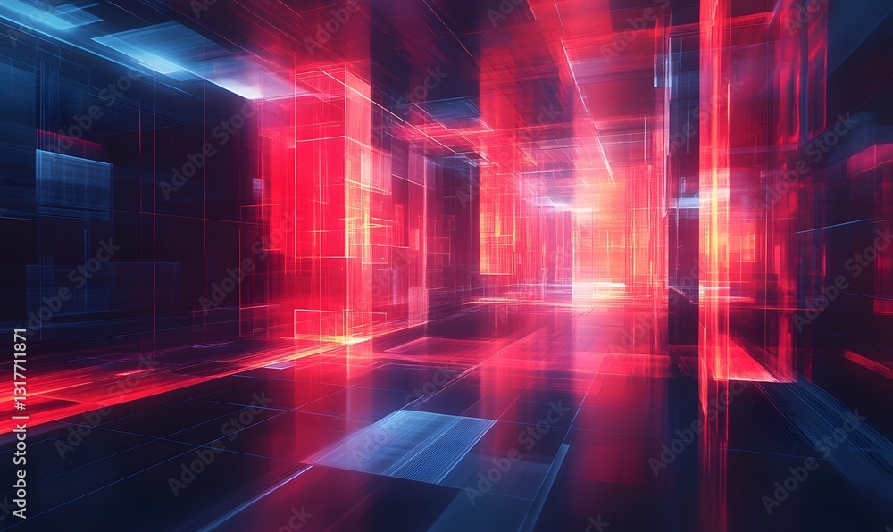 Poster abstract technological architecture with red and blue glowing lines