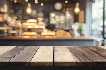 Wooden board empty table background. abstract blurred bakery shop background