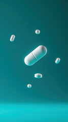 Futuristic levitating white tablets on teal background for medical concept design