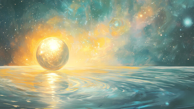 A celestial egg, radiating light, rests upon a swirling expanse of cosmic water, reflecting the brilliance of a distant star. Celestial Brilliance. Illustration