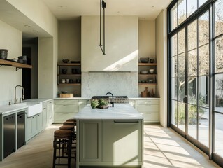 A modern and spacious kitchen with a large window and island