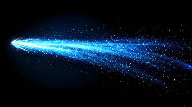 A dynamic blue comet with vibrant trails of light, conveying a sense of speed and energy against a dark background. Celestial Brilliance. Illustration