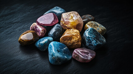 Naklejka premium Close-up of colorful tumbled stones on dark surface, showcasing smooth textures and vibrant hues, representing natural beauty, energy, and healing properties