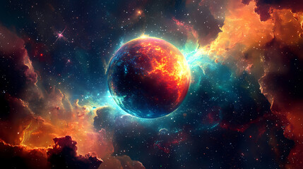 Fototapeta premium A stylized illustration of a colorful celestial body in space, featuring vibrant colors and whimsical elements. Celestial Brilliance. Illustration
