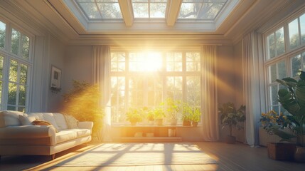 Fototapeta premium Bright sunlit living room with large windows, showcasing indoor plants and warm ambiance in a cozy setting