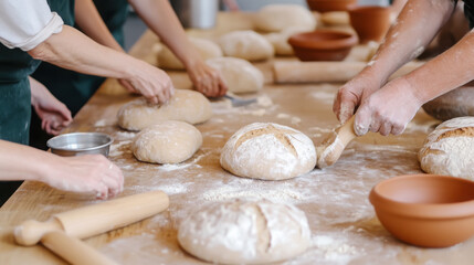 Collaborative community bread making activity with multiple hands in action
