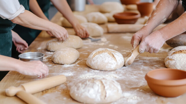 Collaborative community bread making activity with multiple hands in action