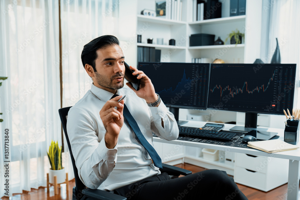 Poster trader businessman calling to consultant or partner with two stock exchange investment, compare data