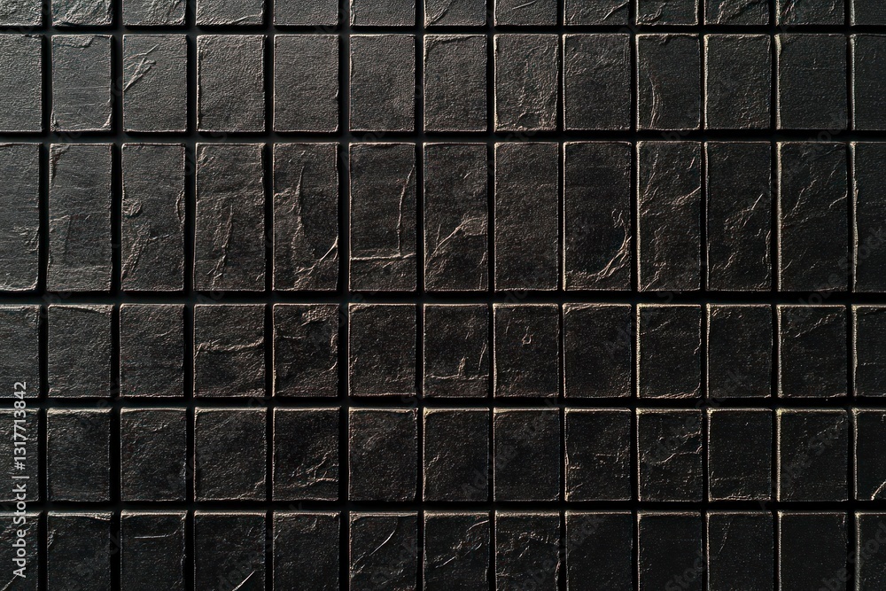 Poster textured black tile wall background with geometric rectangular pattern close-up