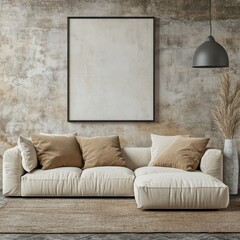 Interior design of living room with couch and wall art