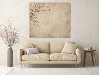 A modern living room design with neutral colored furnishings