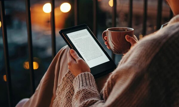 Woman enjoying book on e-reader with cup of coffee at dusk