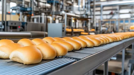 Fotobehang Industrial bakery production line with freshly baked bread rolls © sabyna75
