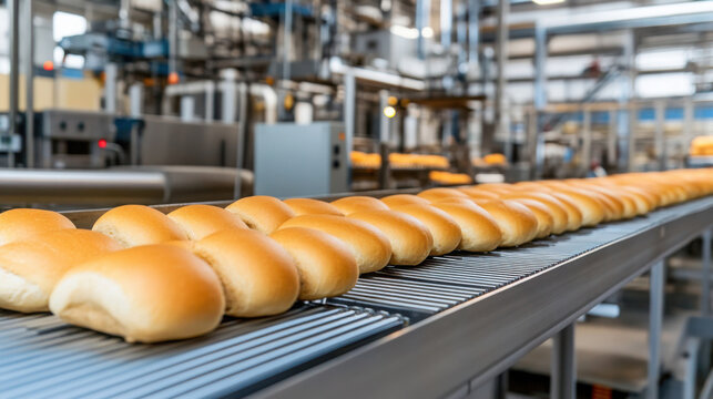 Industrial bakery production line with freshly baked bread rolls