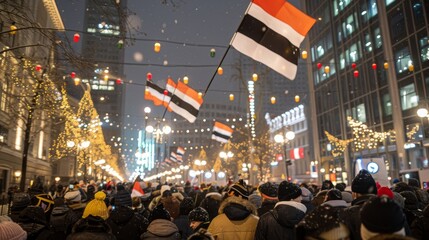 Vibrant crowd passionately waving estonian flags during a spirited patriotic parade celebration