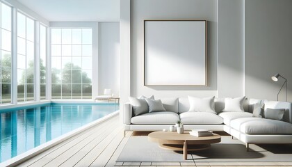 minimalist living room bathed in natural light from a large window. Frame mockup, Living room wall poster mockup. Interior mockup with house background. Modern interior design. 