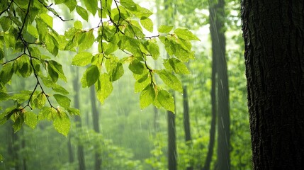 Fototapeta premium Lush green leaves glistening in the rain amidst a serene forest landscape, creating a tranquil atmosphere